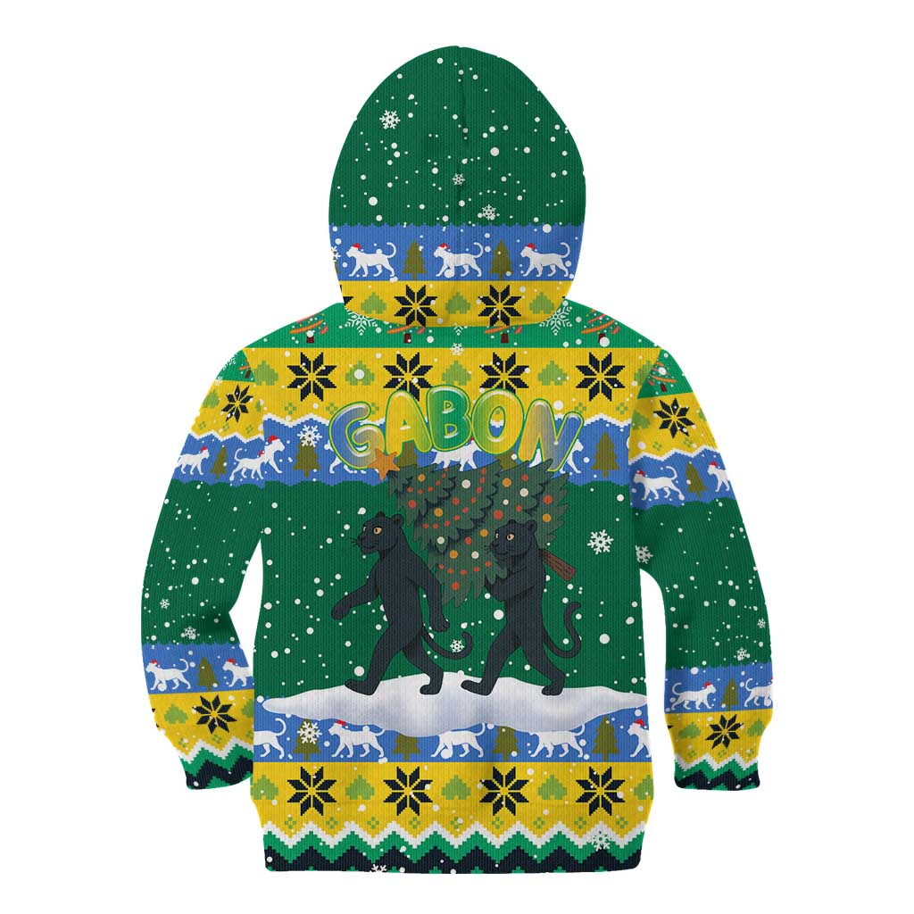 Gabon Christmas Kid Hoodie with Black Panthers Carrying Tree and Green Yellow Snowflake Pattern - Wonder Print Shop
