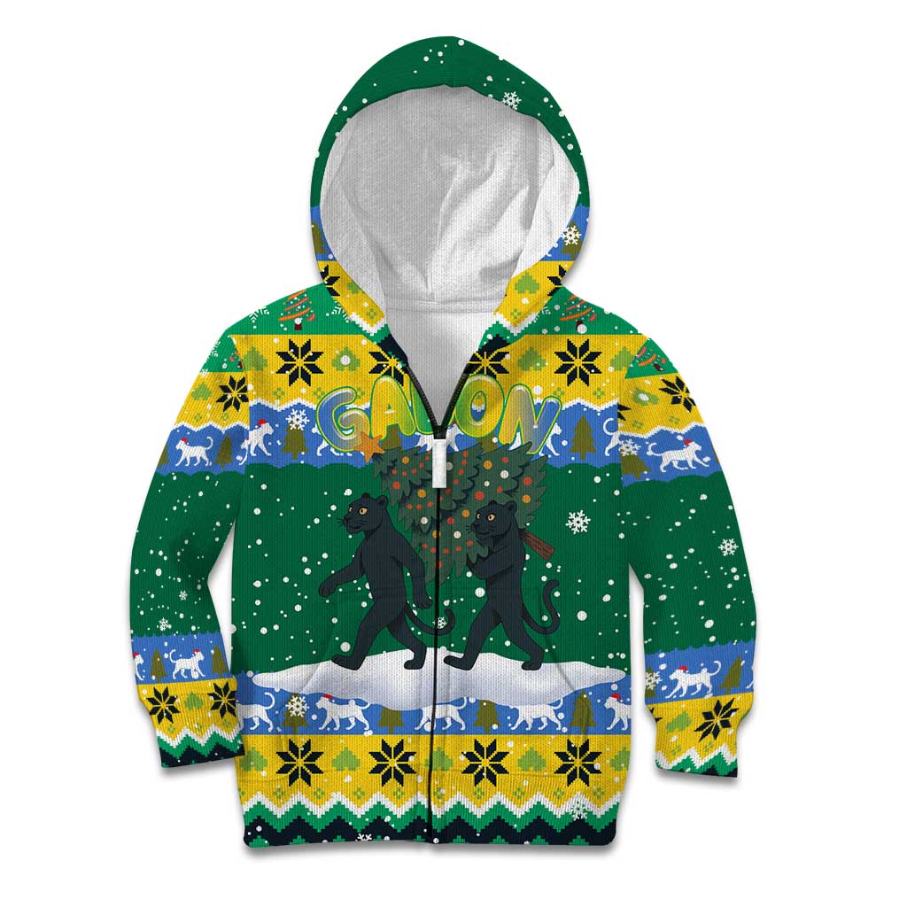 Gabon Christmas Kid Hoodie with Black Panthers Carrying Tree and Green Yellow Snowflake Pattern - Wonder Print Shop