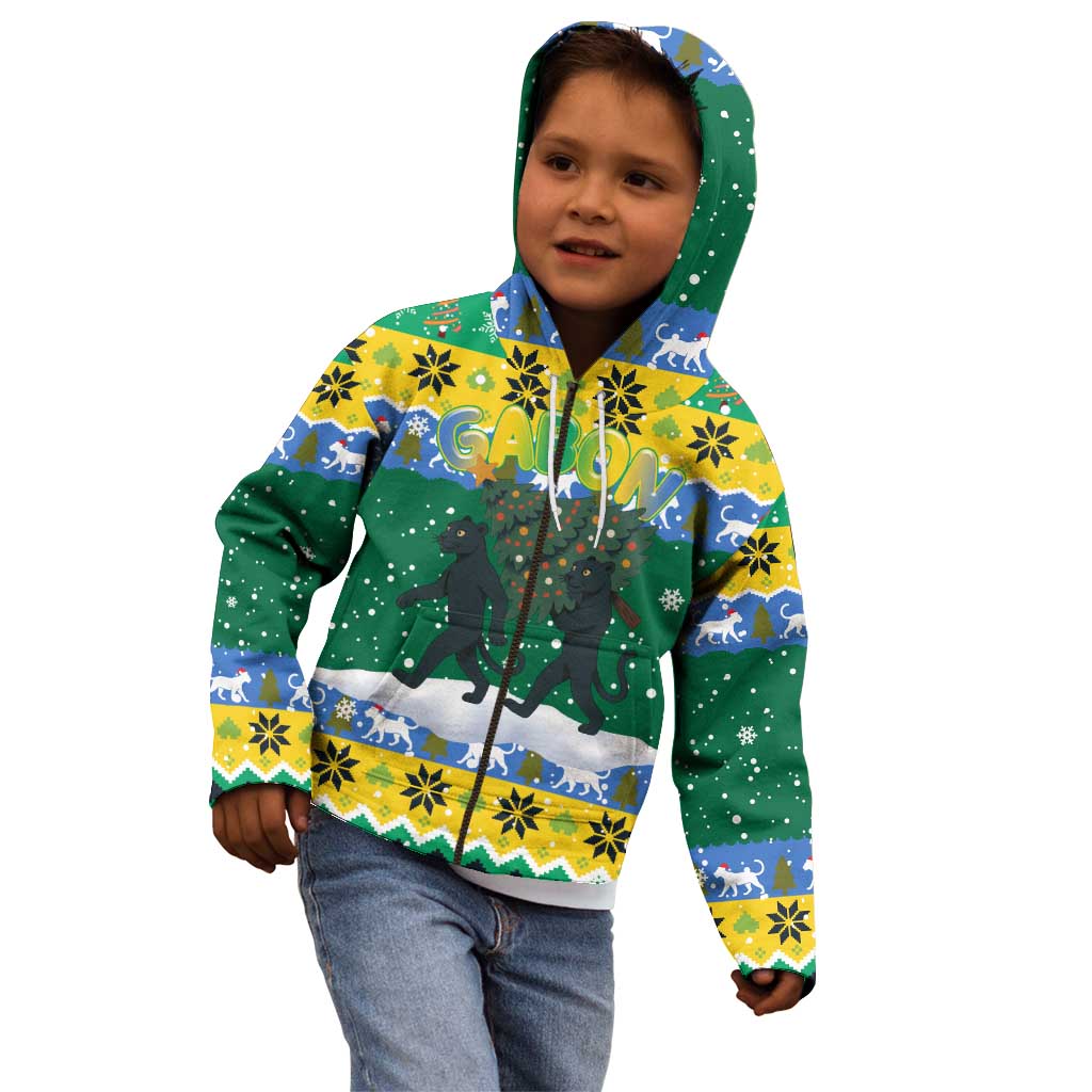 Gabon Christmas Kid Hoodie with Black Panthers Carrying Tree and Green Yellow Snowflake Pattern - Wonder Print Shop
