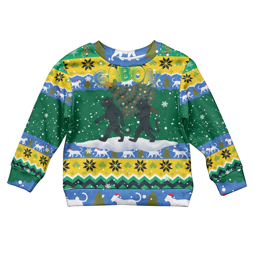 Gabon Christmas Kid Ugly Christmas Sweater with Black Panthers Carrying Tree and Green Yellow Snowflake Pattern - Wonder Print Shop
