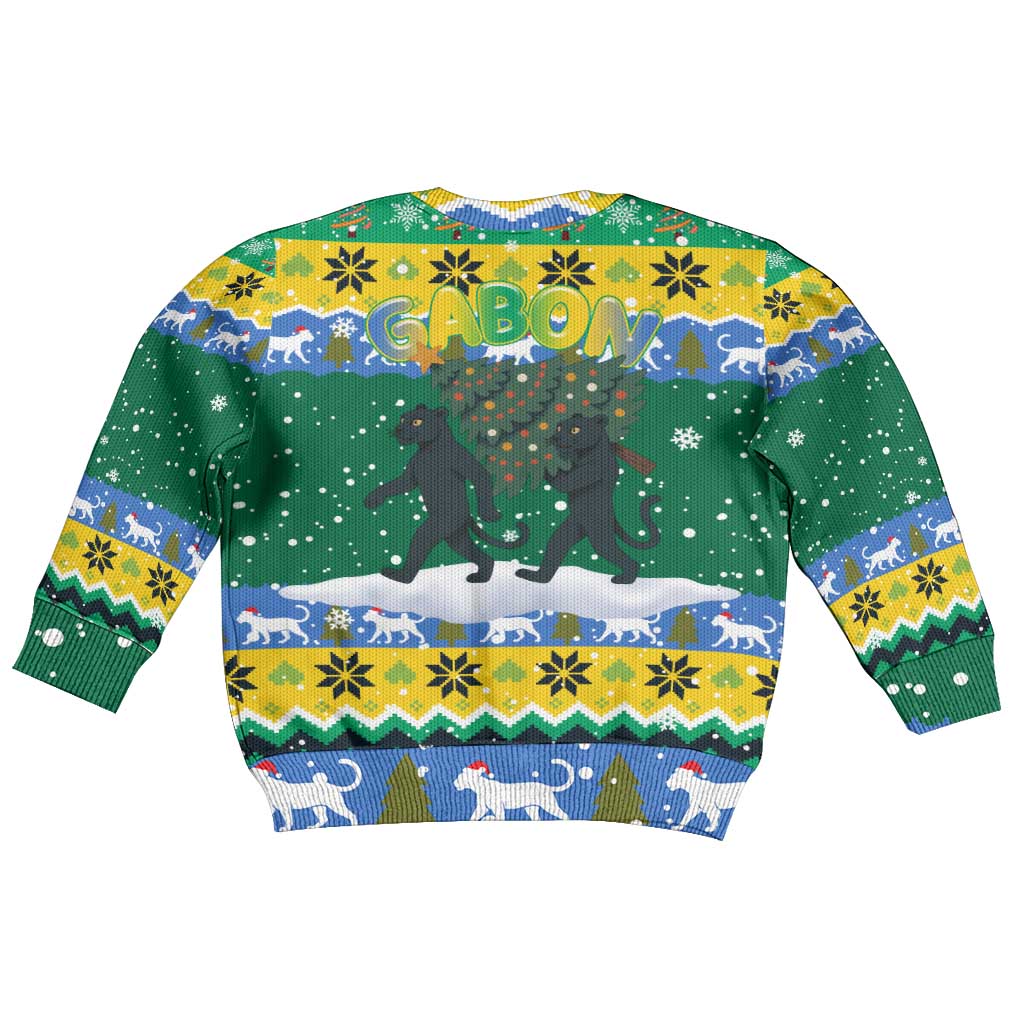 Gabon Christmas Kid Ugly Christmas Sweater with Black Panthers Carrying Tree and Green Yellow Snowflake Pattern - Wonder Print Shop