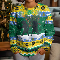 Gabon Christmas Kid Ugly Christmas Sweater with Black Panthers Carrying Tree and Green Yellow Snowflake Pattern - Wonder Print Shop