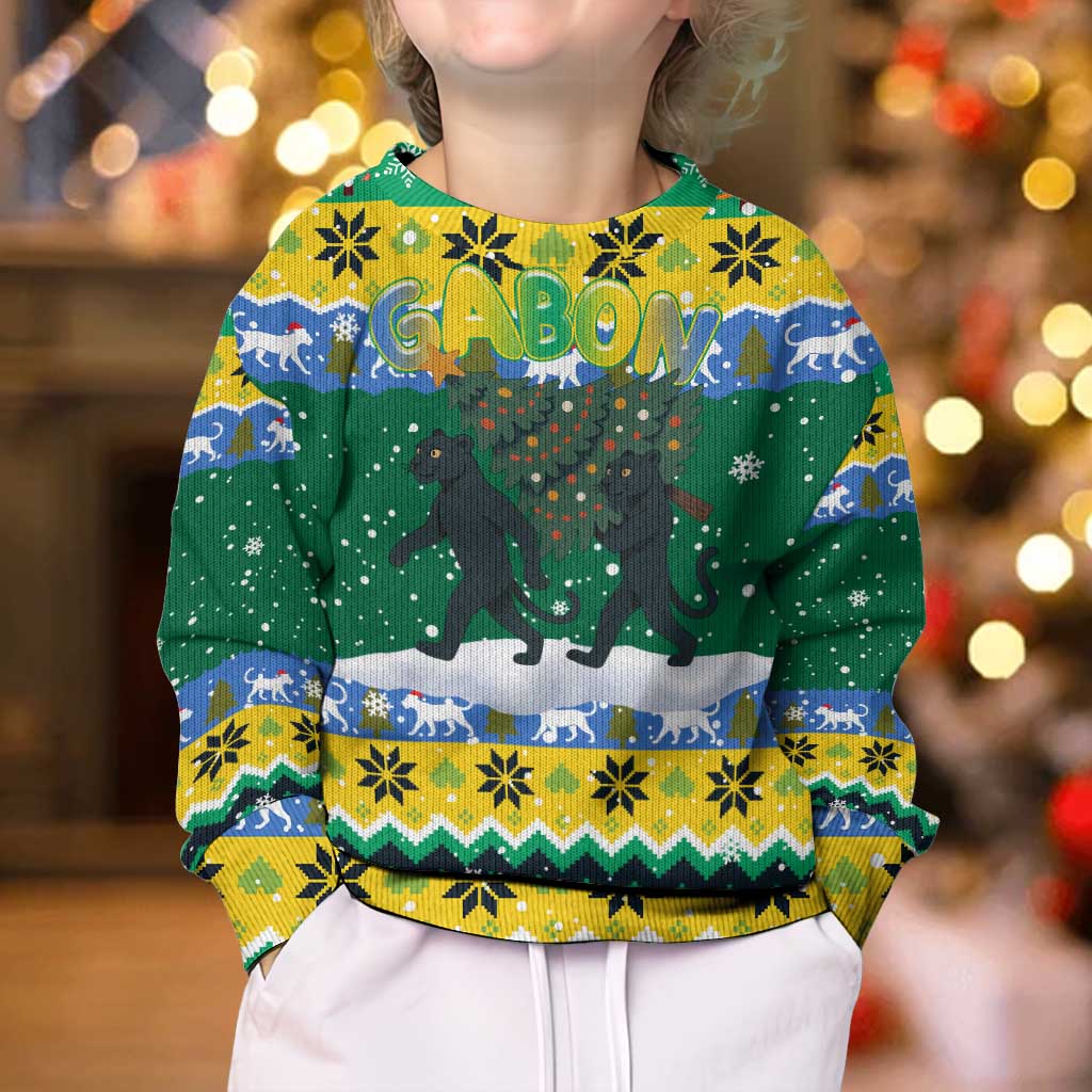 Gabon Christmas Kid Ugly Christmas Sweater with Black Panthers Carrying Tree and Green Yellow Snowflake Pattern - Wonder Print Shop