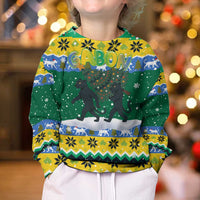 Gabon Christmas Kid Ugly Christmas Sweater with Black Panthers Carrying Tree and Green Yellow Snowflake Pattern - Wonder Print Shop