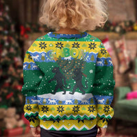 Gabon Christmas Kid Ugly Christmas Sweater with Black Panthers Carrying Tree and Green Yellow Snowflake Pattern - Wonder Print Shop