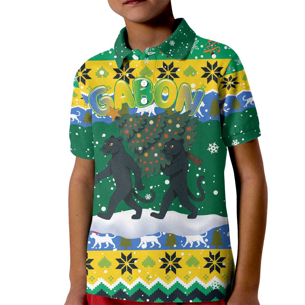 Gabon Christmas Kid Polo Shirt with Black Panthers Carrying Tree and Green Yellow Snowflake Pattern - Wonder Print Shop