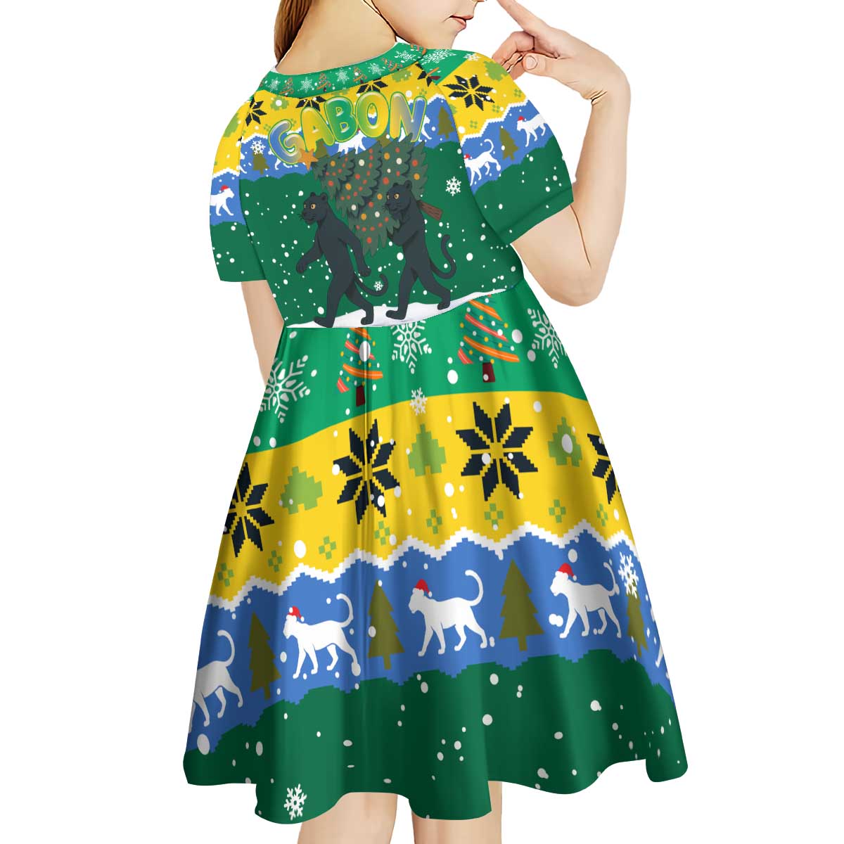 Gabon Christmas Kid Short Sleeve Dress with Black Panthers Carrying Tree and Green Yellow Snowflake Pattern - Wonder Print Shop
