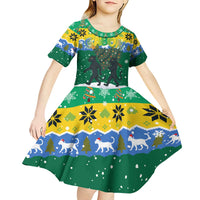 Gabon Christmas Kid Short Sleeve Dress with Black Panthers Carrying Tree and Green Yellow Snowflake Pattern - Wonder Print Shop