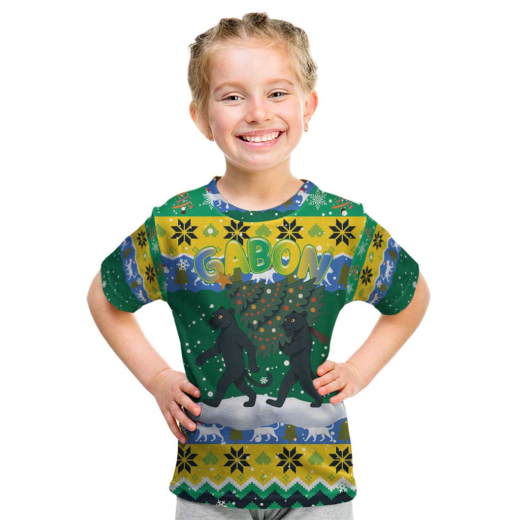 Gabon Christmas Kid T Shirt with Black Panthers Carrying Tree and Green Yellow Snowflake Pattern - Wonder Print Shop
