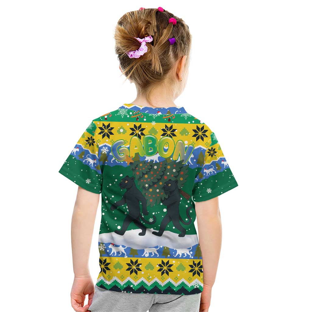 Gabon Christmas Kid T Shirt with Black Panthers Carrying Tree and Green Yellow Snowflake Pattern - Wonder Print Shop