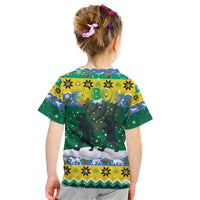 Gabon Christmas Kid T Shirt with Black Panthers Carrying Tree and Green Yellow Snowflake Pattern - Wonder Print Shop