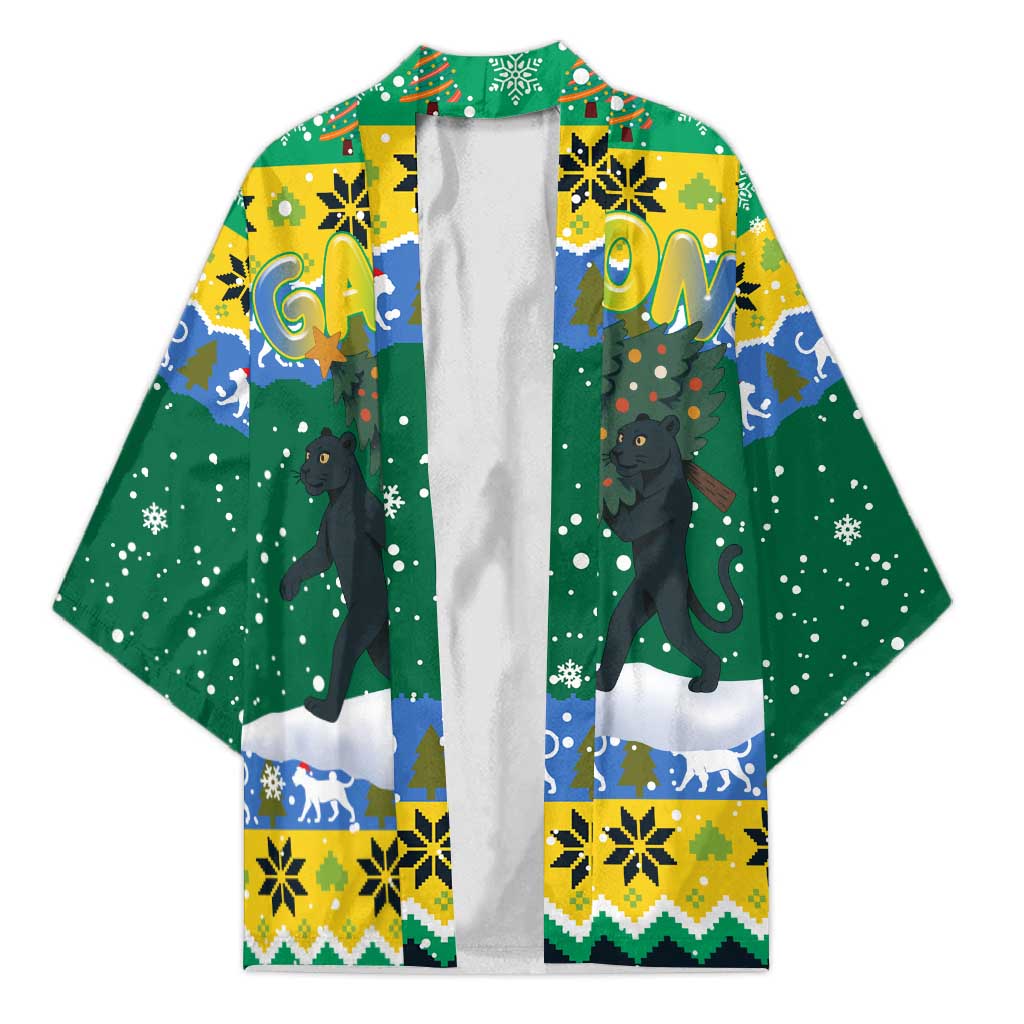 Gabon Christmas Kimono with Black Panthers Carrying Tree and Green Yellow Snowflake Pattern - Wonder Print Shop
