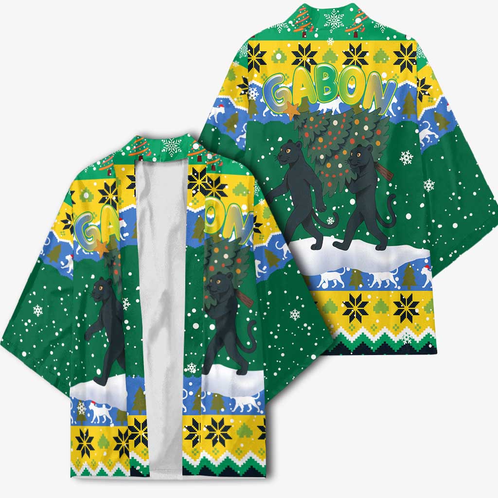 Gabon Christmas Kimono with Black Panthers Carrying Tree and Green Yellow Snowflake Pattern - Wonder Print Shop