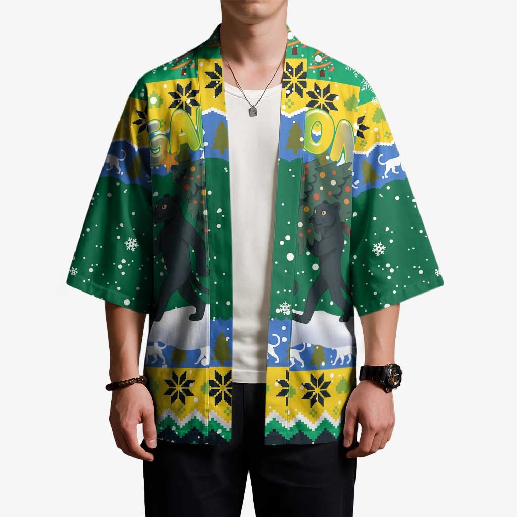 Gabon Christmas Kimono with Black Panthers Carrying Tree and Green Yellow Snowflake Pattern - Wonder Print Shop