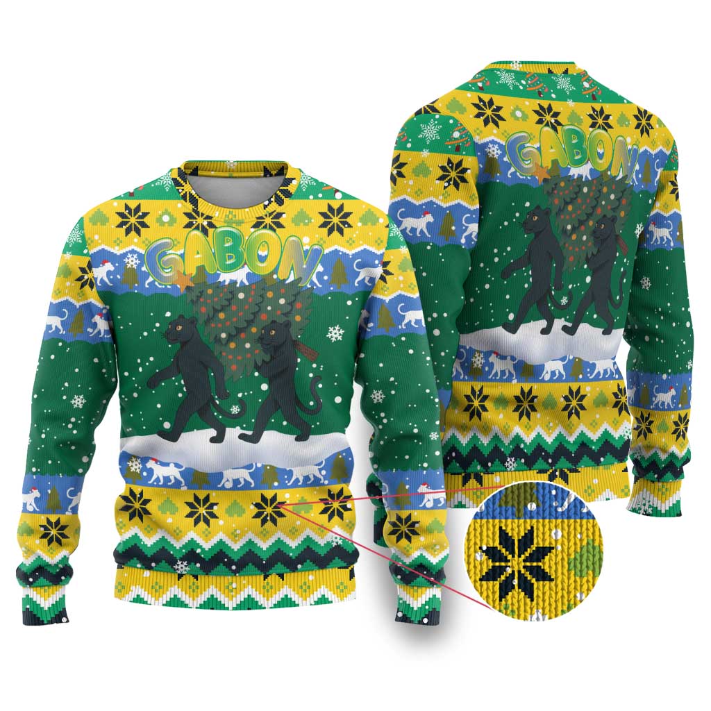 Gabon Christmas Ugly Christmas Sweater with Black Panthers Carrying Tree and Green Yellow Snowflake Pattern - Wonder Print Shop