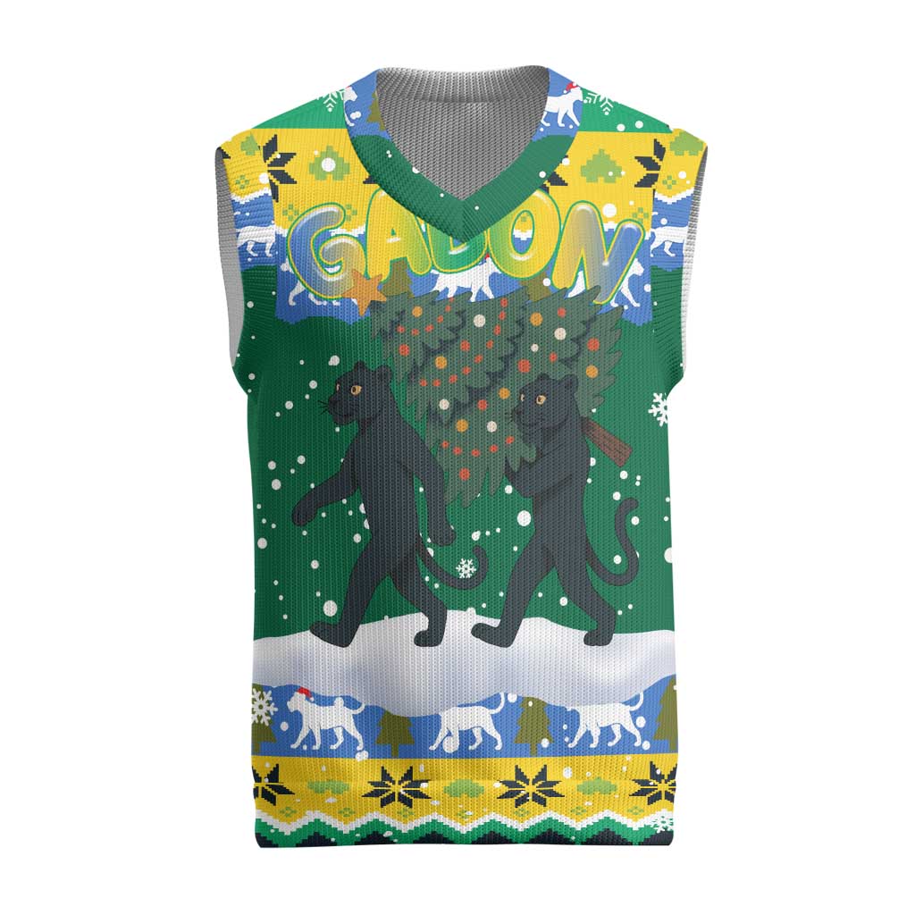 Gabon Christmas Knitted V-Neck Vest with Black Panthers Carrying Tree and Green Yellow Snowflake Pattern - Wonder Print Shop