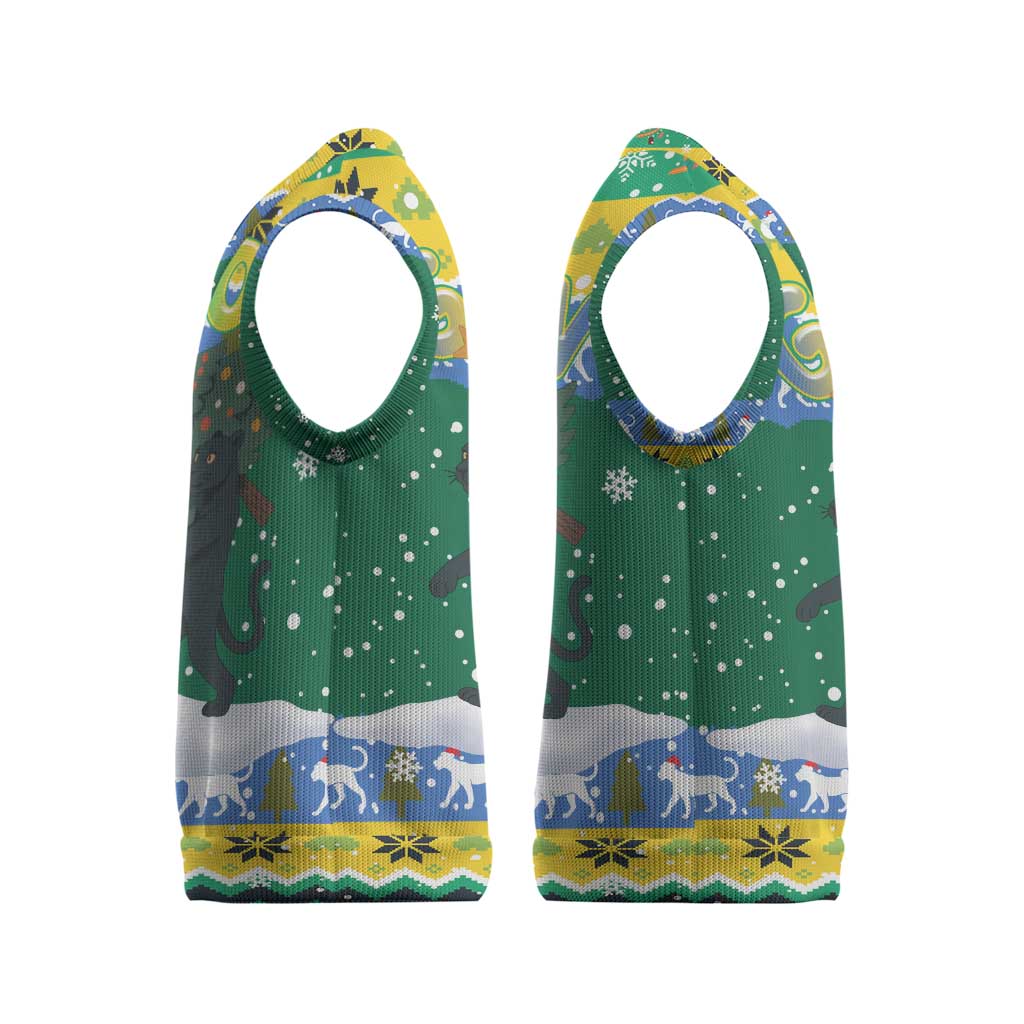 Gabon Christmas Knitted V-Neck Vest with Black Panthers Carrying Tree and Green Yellow Snowflake Pattern - Wonder Print Shop