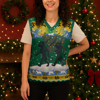 Gabon Christmas Knitted V-Neck Vest with Black Panthers Carrying Tree and Green Yellow Snowflake Pattern - Wonder Print Shop