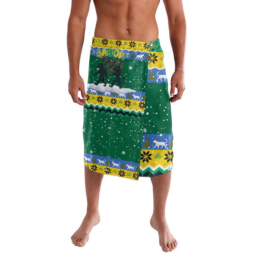 Gabon Christmas Lavalava with Black Panthers Carrying Tree and Green Yellow Snowflake Pattern - Wonder Print Shop