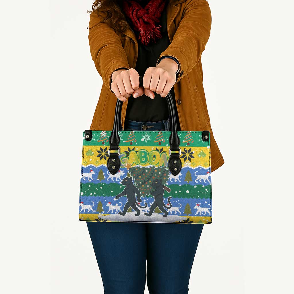 Gabon Christmas Leather Bag with Black Panthers Carrying Tree and Green Yellow Snowflake Pattern - Wonder Print Shop