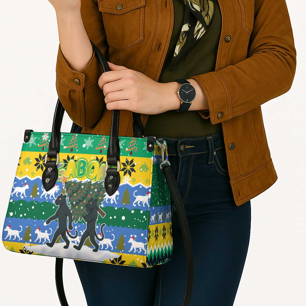 Gabon Christmas Leather Bag with Black Panthers Carrying Tree and Green Yellow Snowflake Pattern - Wonder Print Shop