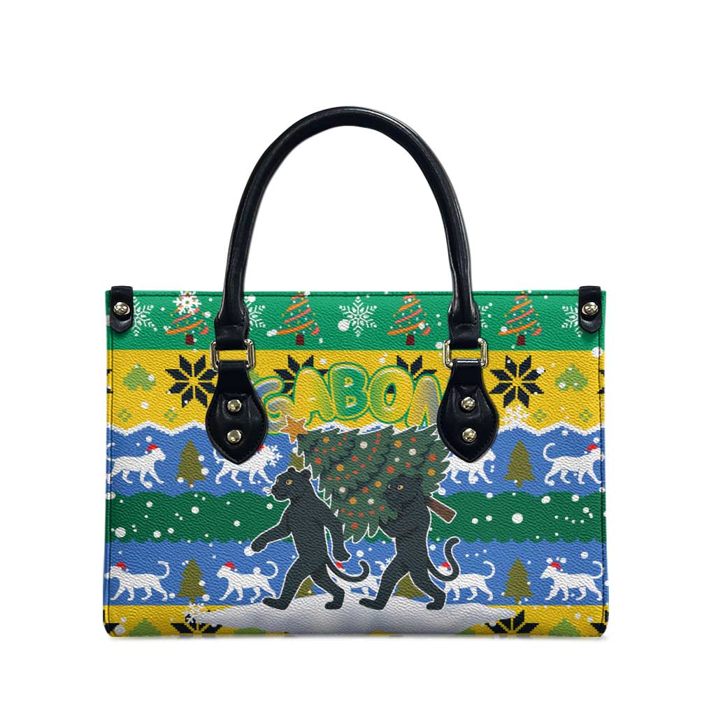 Gabon Christmas Leather Bag with Black Panthers Carrying Tree and Green Yellow Snowflake Pattern - Wonder Print Shop
