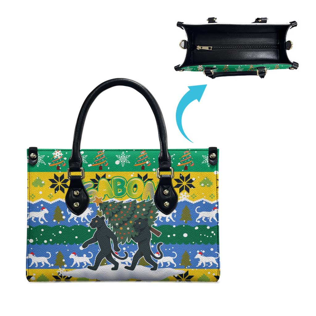 Gabon Christmas Leather Bag with Black Panthers Carrying Tree and Green Yellow Snowflake Pattern - Wonder Print Shop