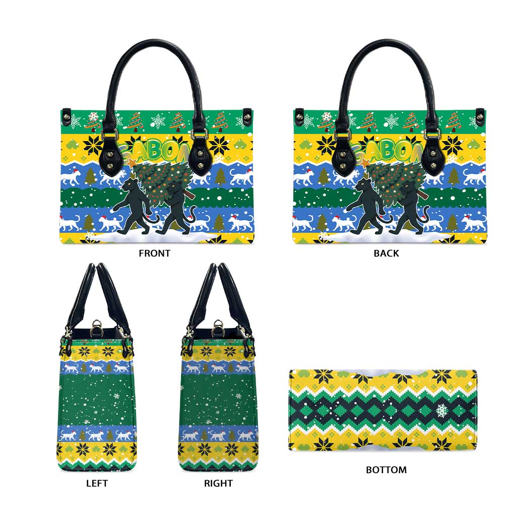 Gabon Christmas Leather Bag with Black Panthers Carrying Tree and Green Yellow Snowflake Pattern - Wonder Print Shop