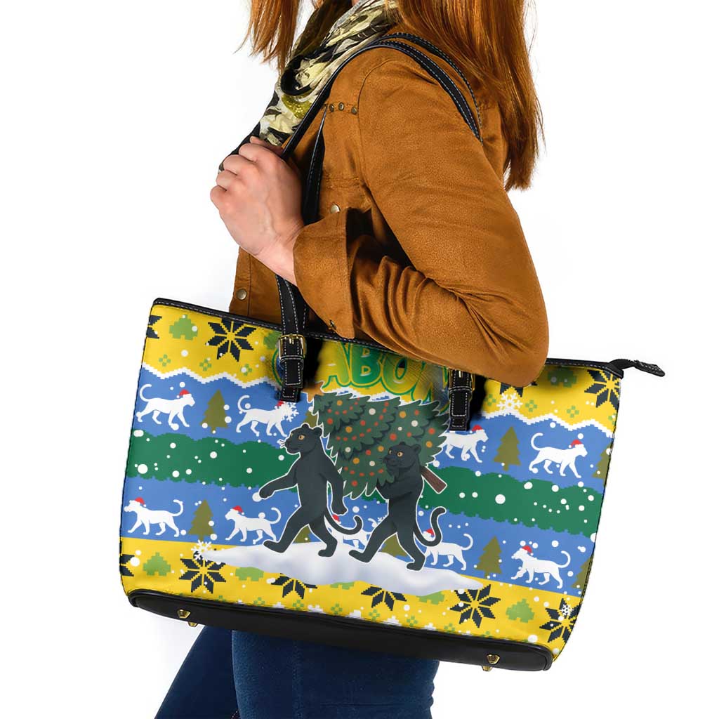 Gabon Christmas Leather Tote Bag with Black Panthers Carrying Tree and Green Yellow Snowflake Pattern - Wonder Print Shop