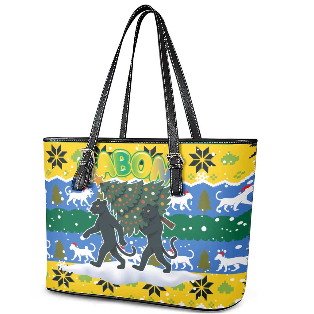 Gabon Christmas Leather Tote Bag with Black Panthers Carrying Tree and Green Yellow Snowflake Pattern - Wonder Print Shop