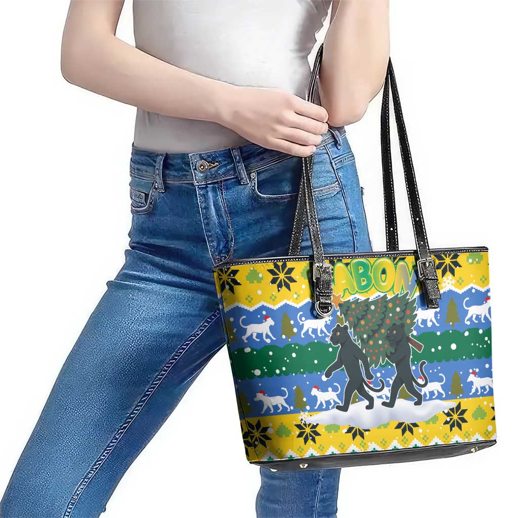Gabon Christmas Leather Tote Bag with Black Panthers Carrying Tree and Green Yellow Snowflake Pattern - Wonder Print Shop