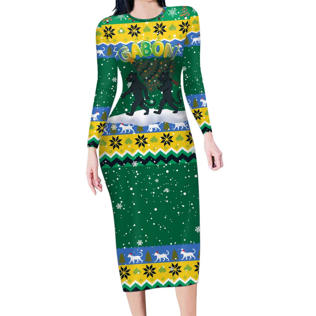 Gabon Christmas Long Sleeve Bodycon Dress with Black Panthers Carrying Tree and Green Yellow Snowflake Pattern - Wonder Print Shop