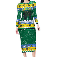 Gabon Christmas Long Sleeve Bodycon Dress with Black Panthers Carrying Tree and Green Yellow Snowflake Pattern - Wonder Print Shop