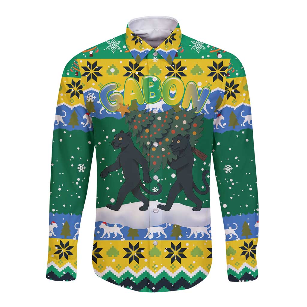 Gabon Christmas Long Sleeve Button Shirt with Black Panthers Carrying Tree and Green Yellow Snowflake Pattern - Wonder Print Shop