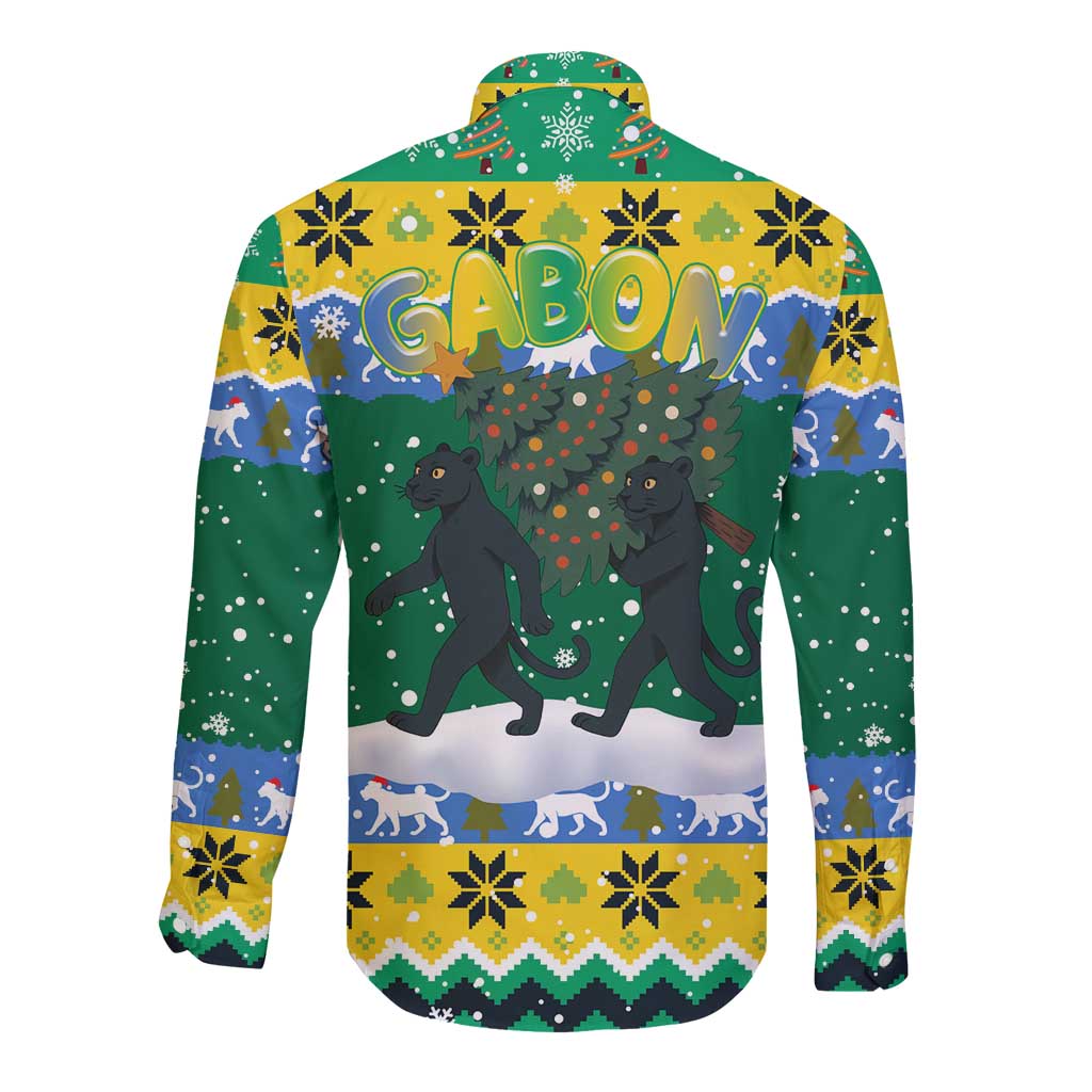 Gabon Christmas Long Sleeve Button Shirt with Black Panthers Carrying Tree and Green Yellow Snowflake Pattern - Wonder Print Shop
