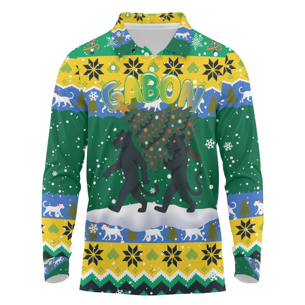 Gabon Christmas Long Sleeve Polo Shirt with Black Panthers Carrying Tree and Green Yellow Snowflake Pattern - Wonder Print Shop