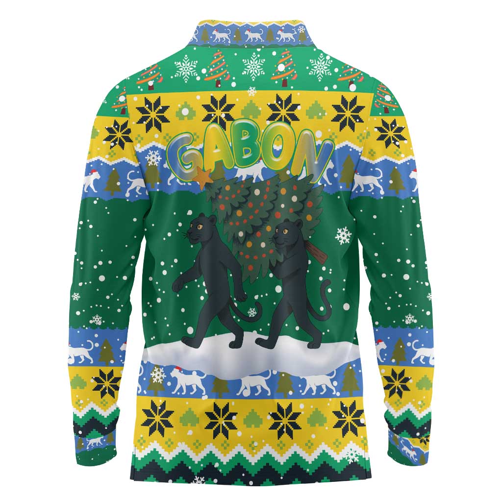 Gabon Christmas Long Sleeve Polo Shirt with Black Panthers Carrying Tree and Green Yellow Snowflake Pattern - Wonder Print Shop