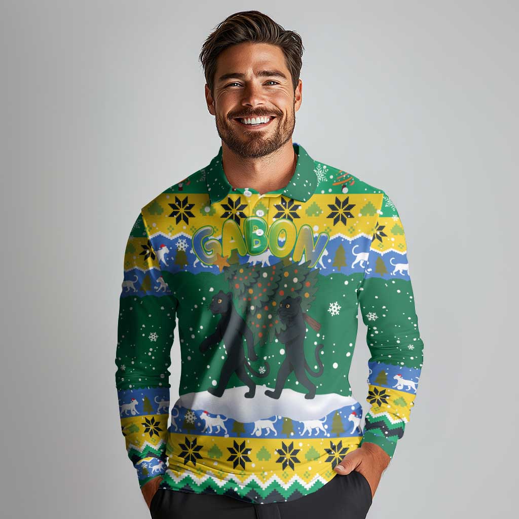 Gabon Christmas Long Sleeve Polo Shirt with Black Panthers Carrying Tree and Green Yellow Snowflake Pattern - Wonder Print Shop