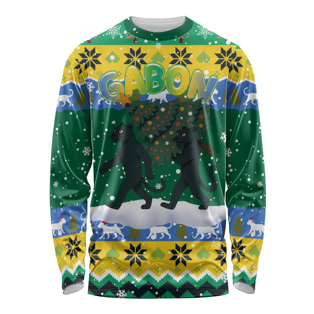 Gabon Christmas Long Sleeve Shirt with Black Panthers Carrying Tree and Green Yellow Snowflake Pattern - Wonder Print Shop