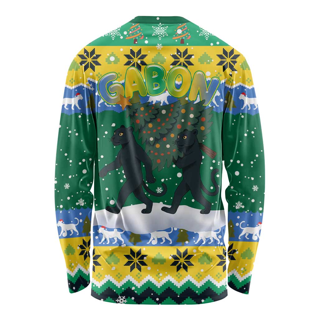 Gabon Christmas Long Sleeve Shirt with Black Panthers Carrying Tree and Green Yellow Snowflake Pattern - Wonder Print Shop