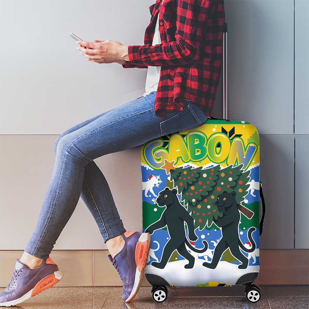 Gabon Christmas Luggage Cover with Black Panthers Carrying Tree and Green Yellow Snowflake Pattern - Wonder Print Shop