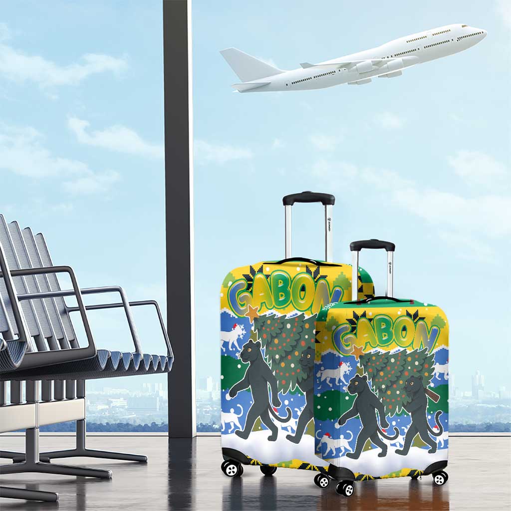 Gabon Christmas Luggage Cover with Black Panthers Carrying Tree and Green Yellow Snowflake Pattern - Wonder Print Shop