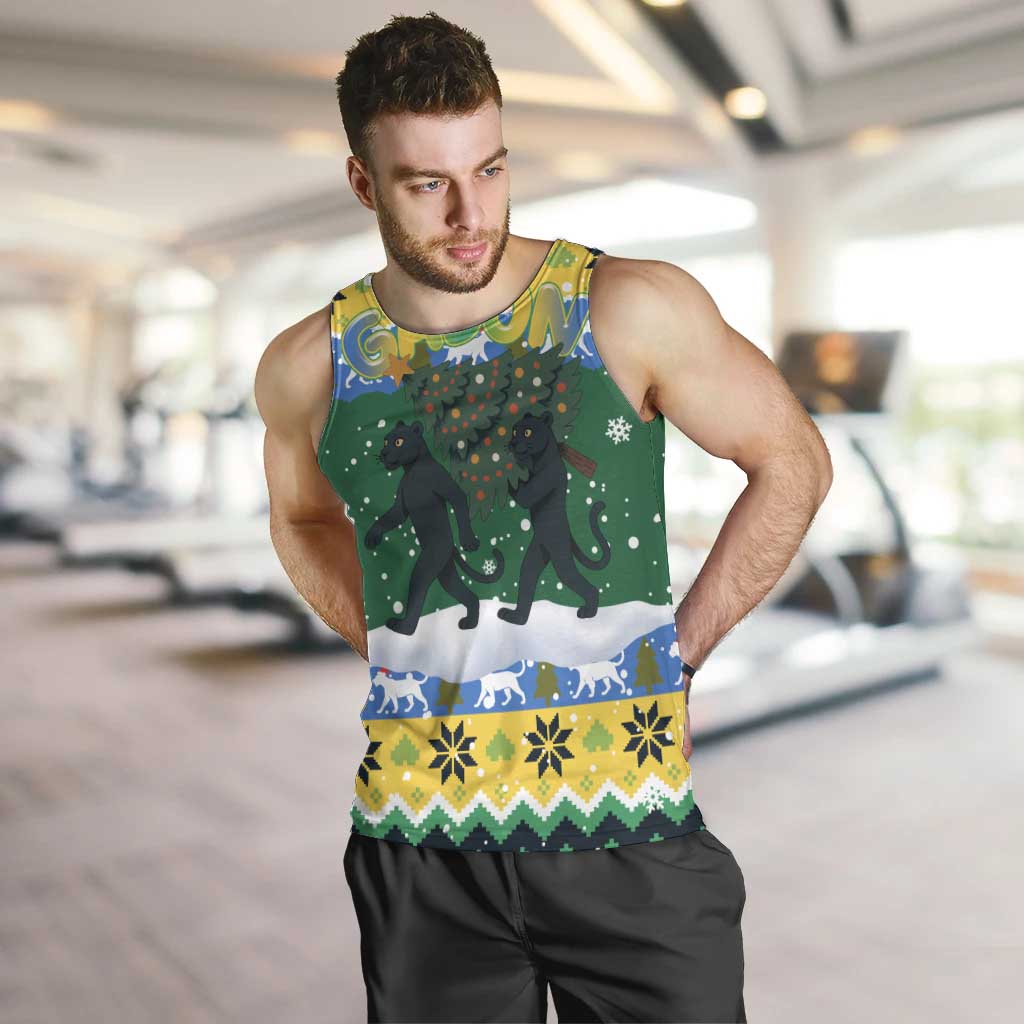 Gabon Christmas Men Tank Top with Black Panthers Carrying Tree and Green Yellow Snowflake Pattern - Wonder Print Shop
