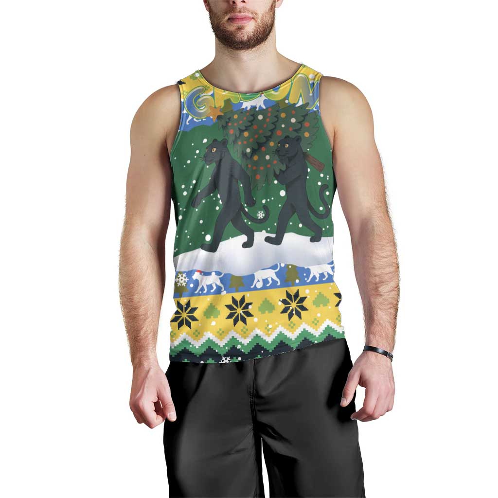 Gabon Christmas Men Tank Top with Black Panthers Carrying Tree and Green Yellow Snowflake Pattern - Wonder Print Shop