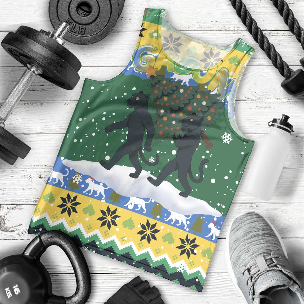 Gabon Christmas Men Tank Top with Black Panthers Carrying Tree and Green Yellow Snowflake Pattern - Wonder Print Shop