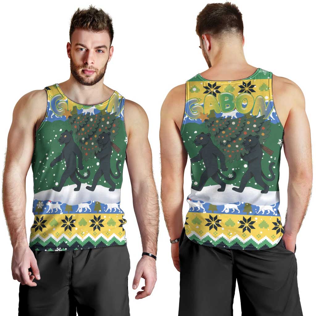 Gabon Christmas Men Tank Top with Black Panthers Carrying Tree and Green Yellow Snowflake Pattern - Wonder Print Shop