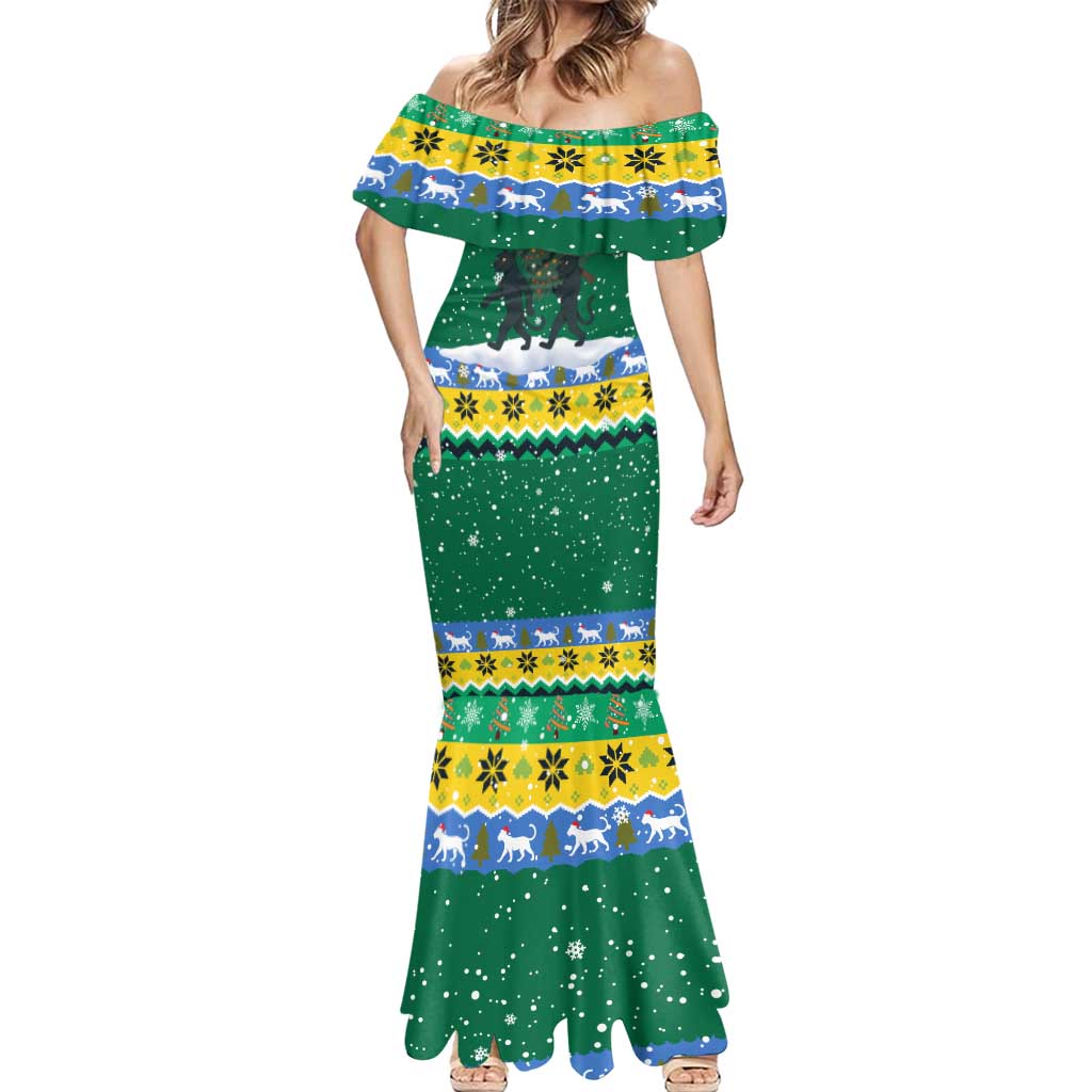Gabon Christmas Mermaid Dress with Black Panthers Carrying Tree and Green Yellow Snowflake Pattern - Wonder Print Shop