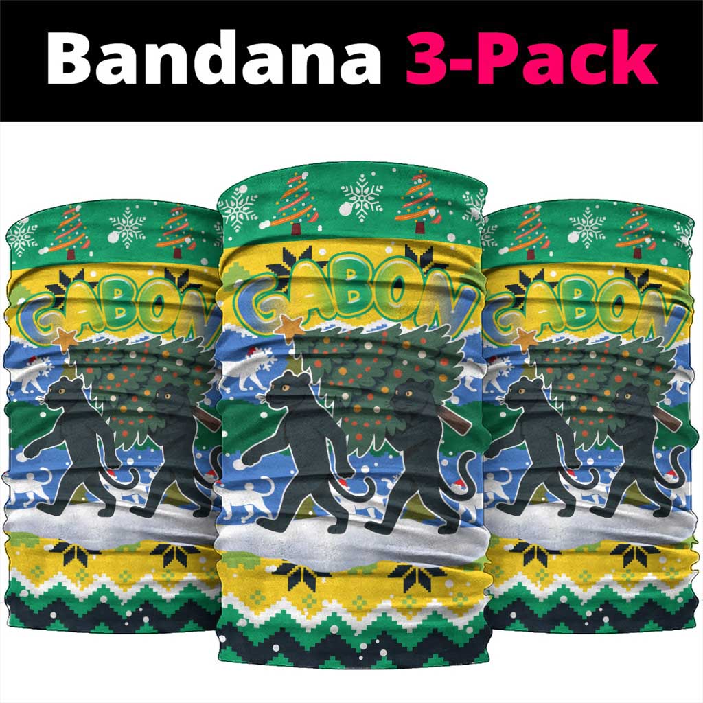 Gabon Christmas Neck Gaiter with Black Panthers Carrying Tree and Green Yellow Snowflake Pattern - Wonder Print Shop