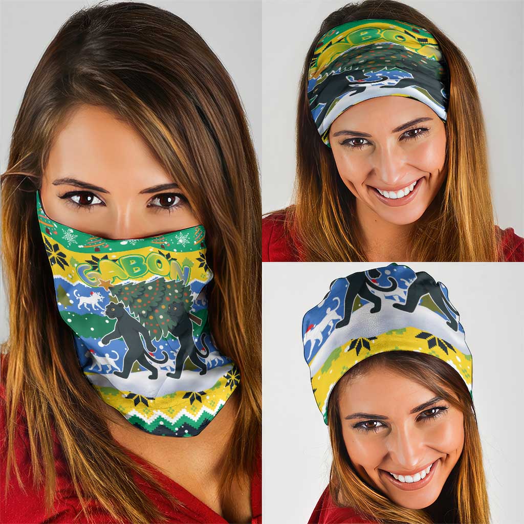 Gabon Christmas Neck Gaiter with Black Panthers Carrying Tree and Green Yellow Snowflake Pattern - Wonder Print Shop