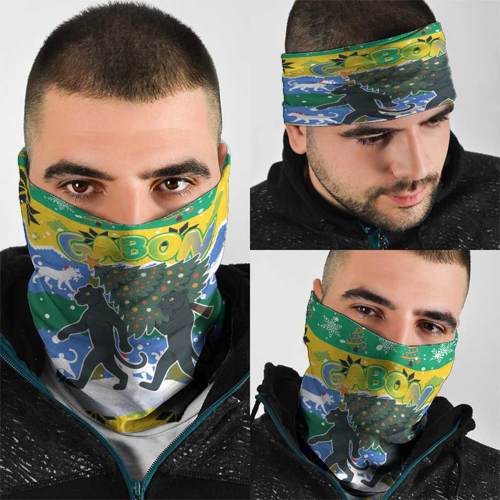 Gabon Christmas Neck Gaiter with Black Panthers Carrying Tree and Green Yellow Snowflake Pattern - Wonder Print Shop